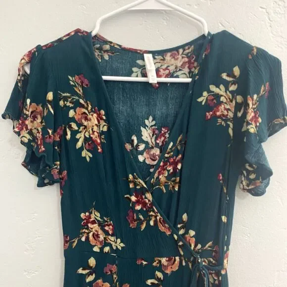 Xhilaration | Teal Floral Maxi Dress Flutter Sleeves Faux Wrap - Picture 4 of 9
